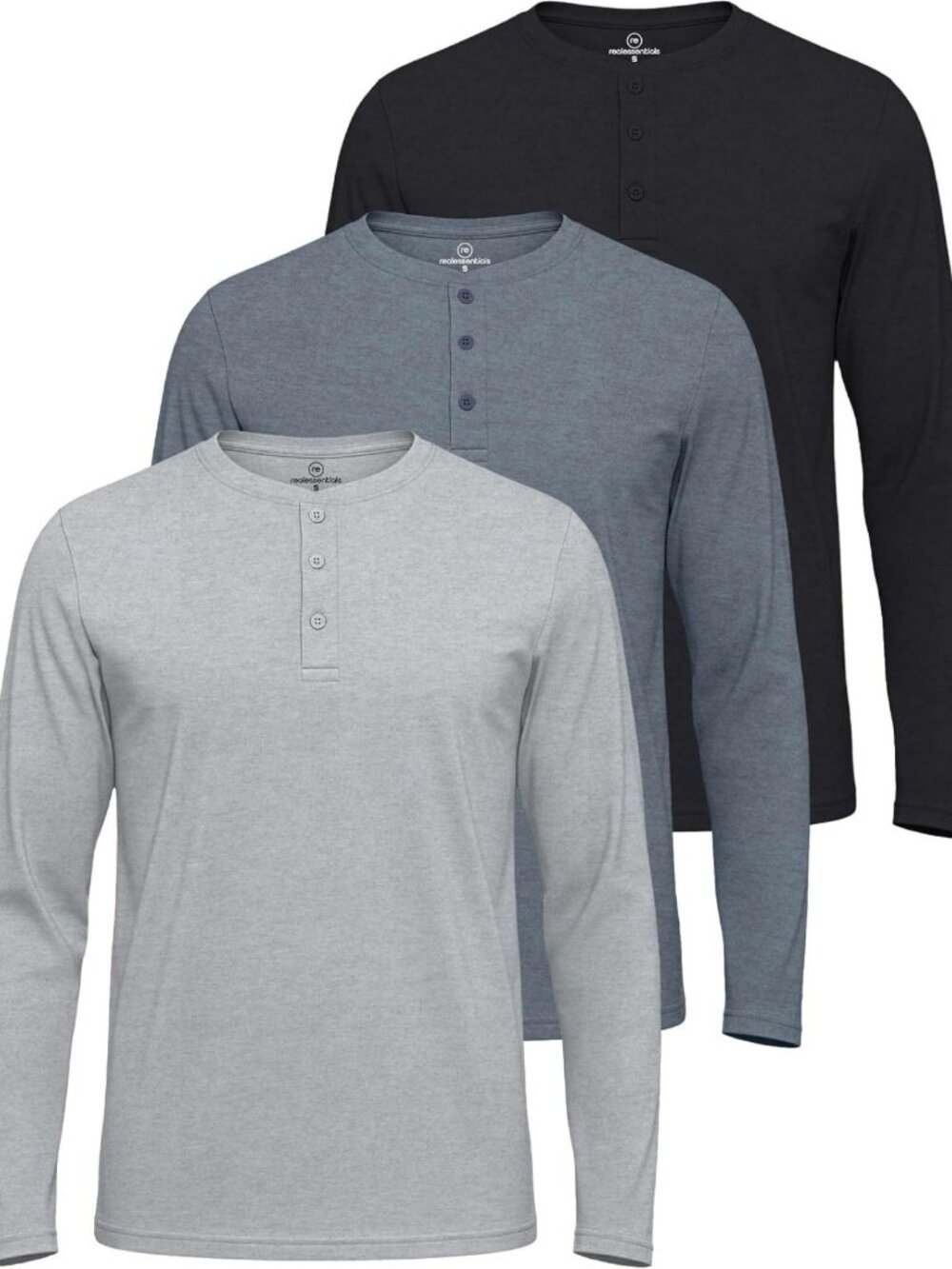 Men's Cotton Long Sleeve Henley T-Shirts - Casual, Work, Gym, Workout - 3 Pack